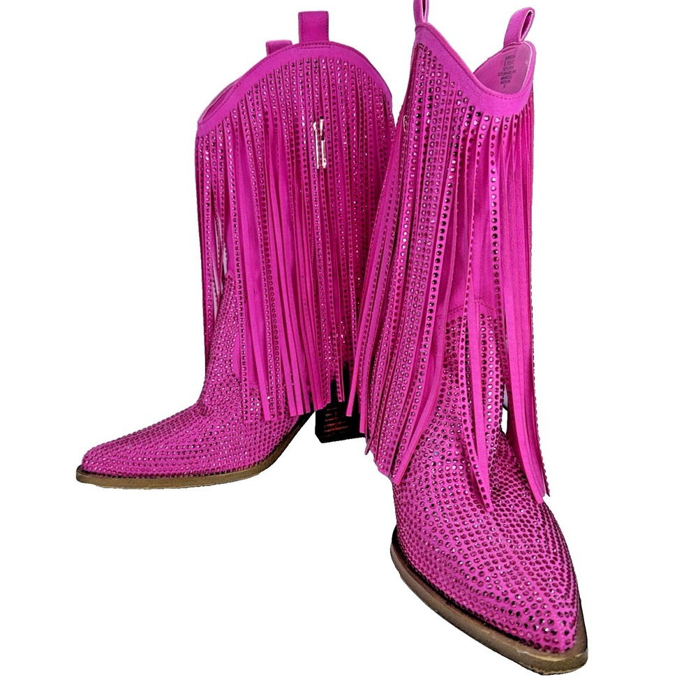 Jessica Simpson Hot Pink Rhinestone Fringe Western Cowboy Boots Sz 9.5 Womens - Picture 2 of 13